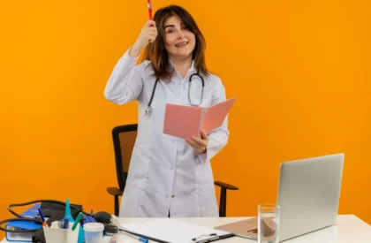 pleased-middle-aged-female-doctor-wearing-medical-robe-with-stethoscope-sitting-desk-work-laptop-with-medical-tools-holding-notebook-pen-isolated-orange-wall-with-copy-space-100kb study medicine in Cyprus for international students